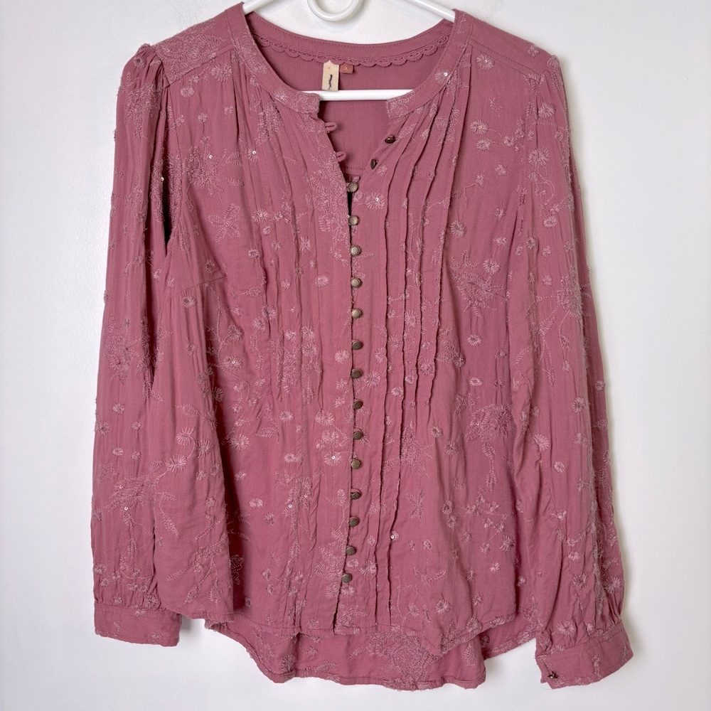 Pilcro Embroidered Pleated Front Top